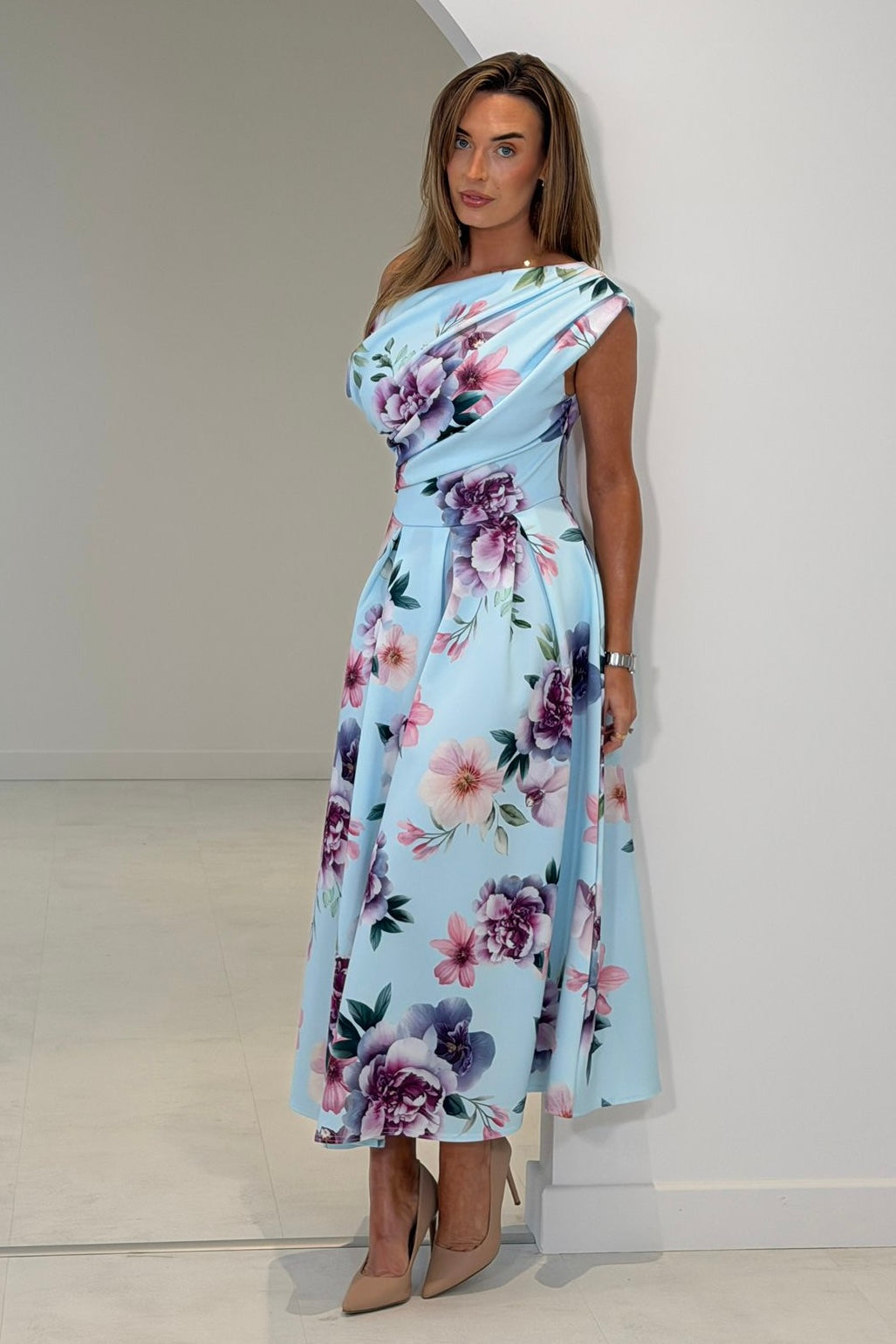 Betty Blue & Lilac Floral Asymmetric Neckline Skater Midi Dress With Pockets