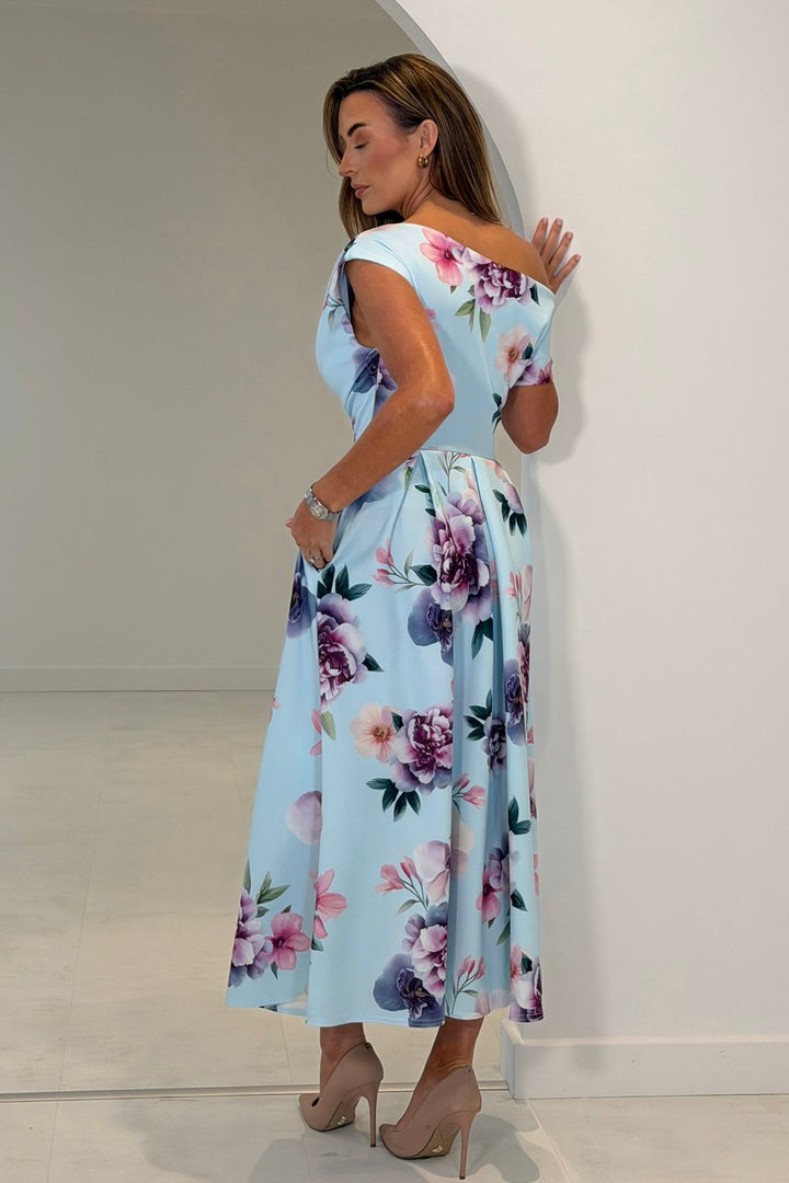 Betty Blue & Lilac Floral Asymmetric Neckline Skater Midi Dress With Pockets