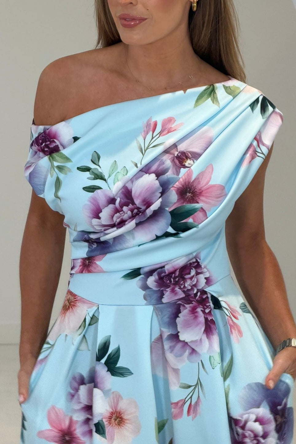 Betty Blue & Lilac Floral Asymmetric Neckline Skater Midi Dress With Pockets