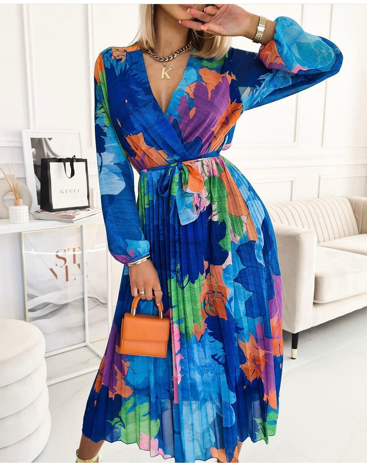 Casey Blue Floral Chiffon Long Sleeve Belted Pleated Maxi Dress - 2 LENGTHS