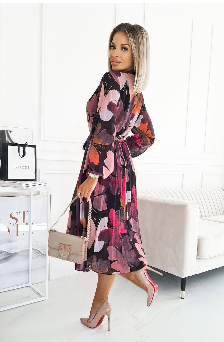 Mariah Butterfly Print Pleated Belted Long Sleeve Knee Length Dress