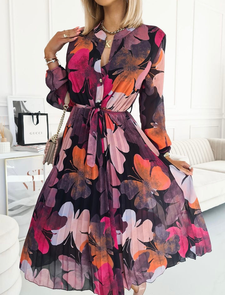 Mariah Butterfly Print Pleated Belted Long Sleeve Knee Length Dress