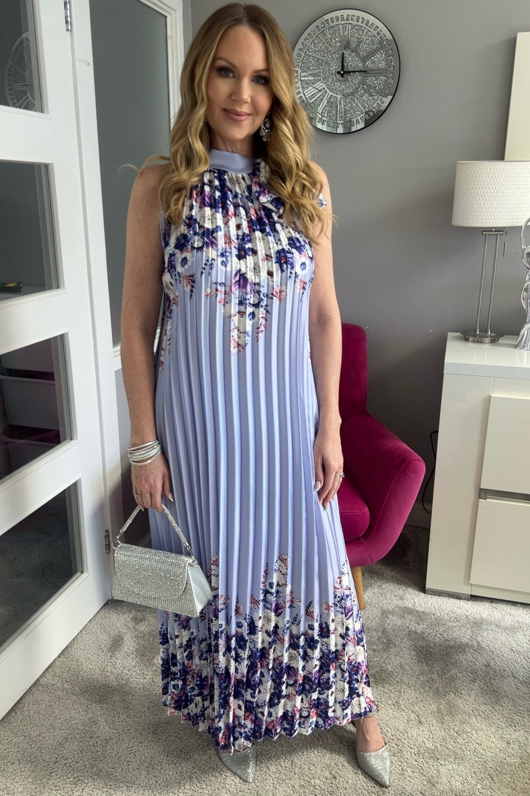 Antigua Lilac Floral Halter Tie Neck Pleated Maxi Dress