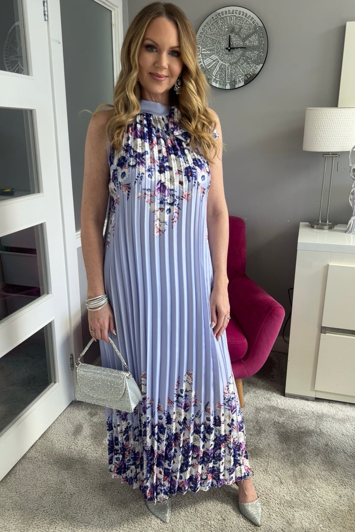 Antigua Lilac Floral Halter Tie Neck Pleated Maxi Dress