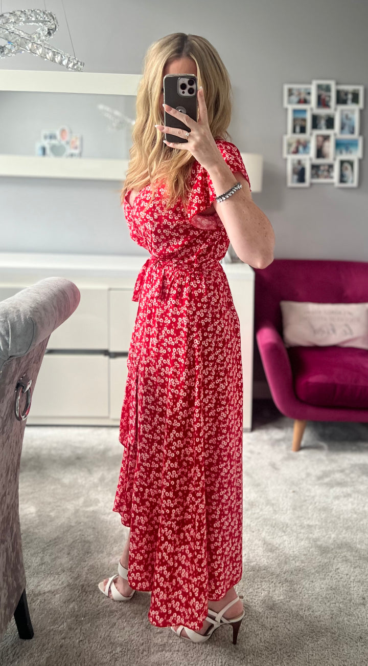Laura Red Daisy Print Mock Wrap Belted Maxi Dress