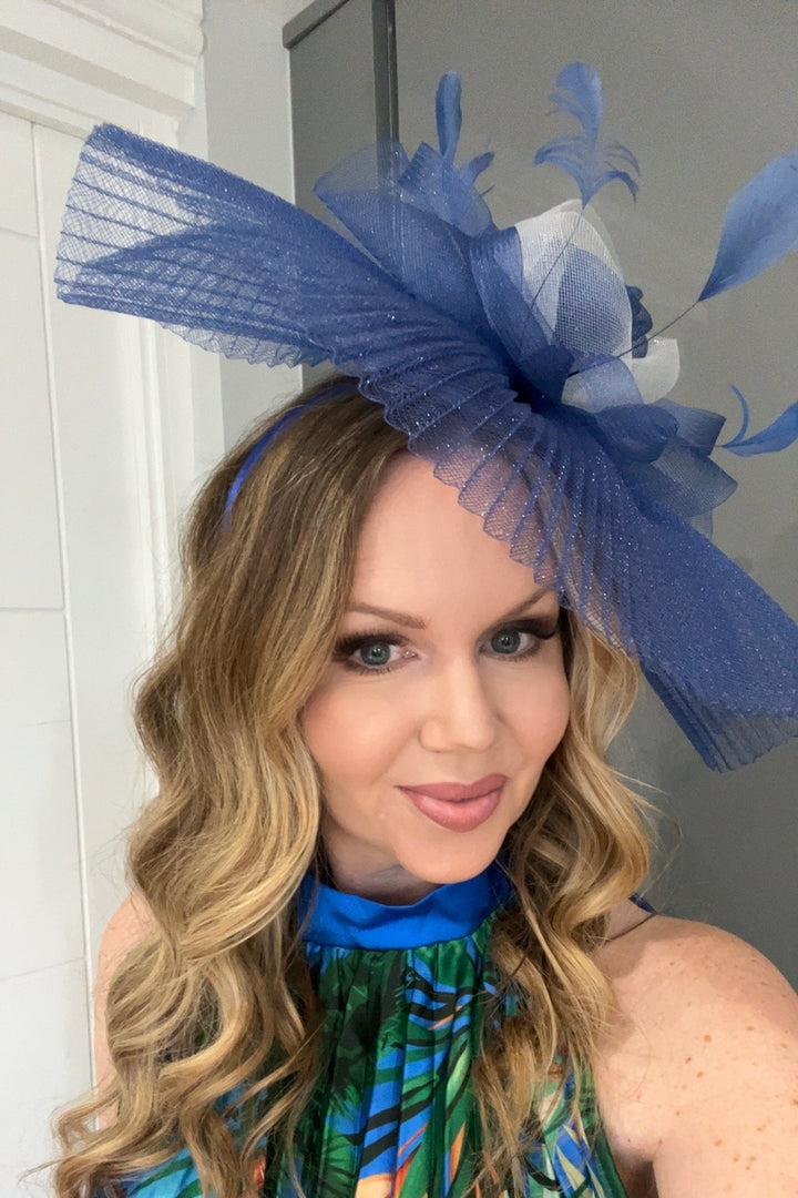 Zarelle Royal Blue Floral Feather Veil Fascinator