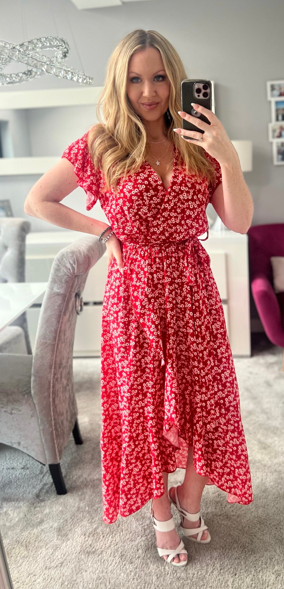 Laura Red Daisy Print Mock Wrap Belted Maxi Dress