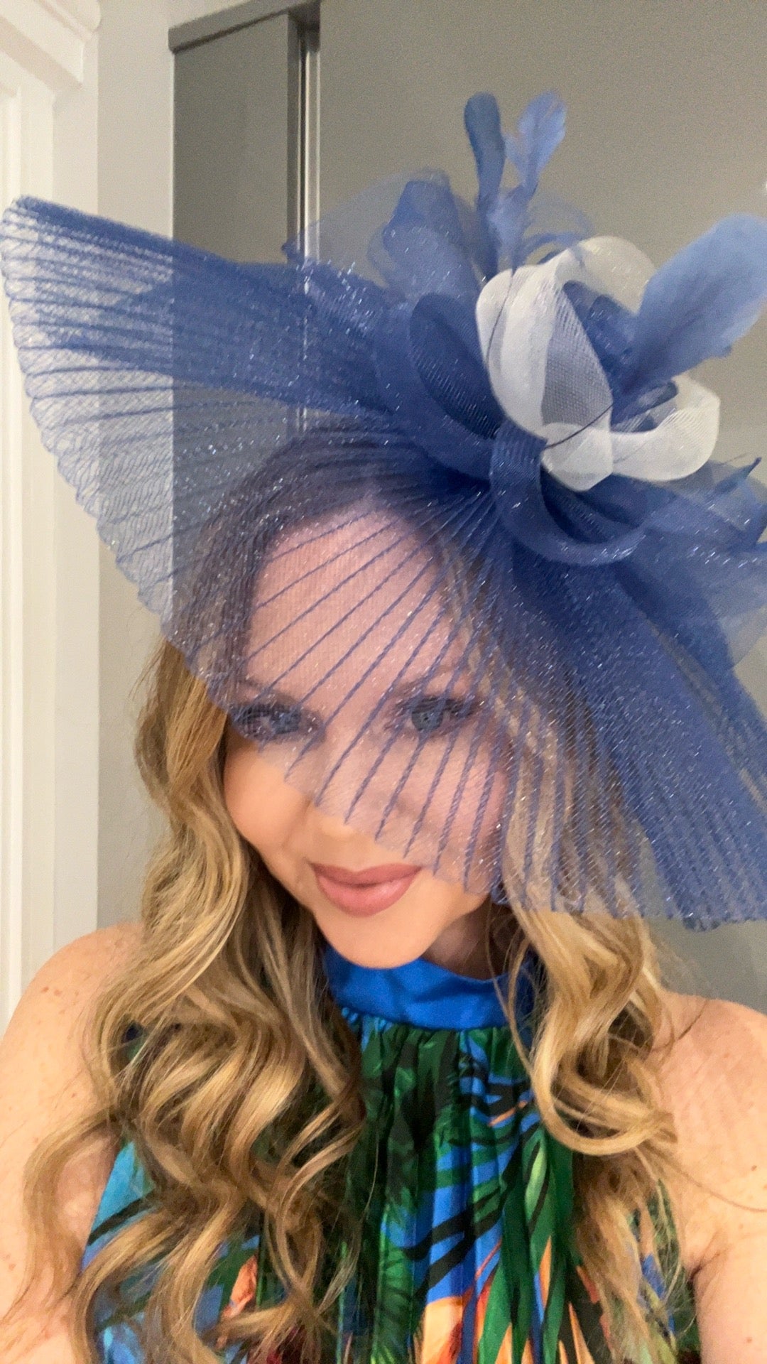 Zarelle Royal Blue Floral Feather Veil Fascinator