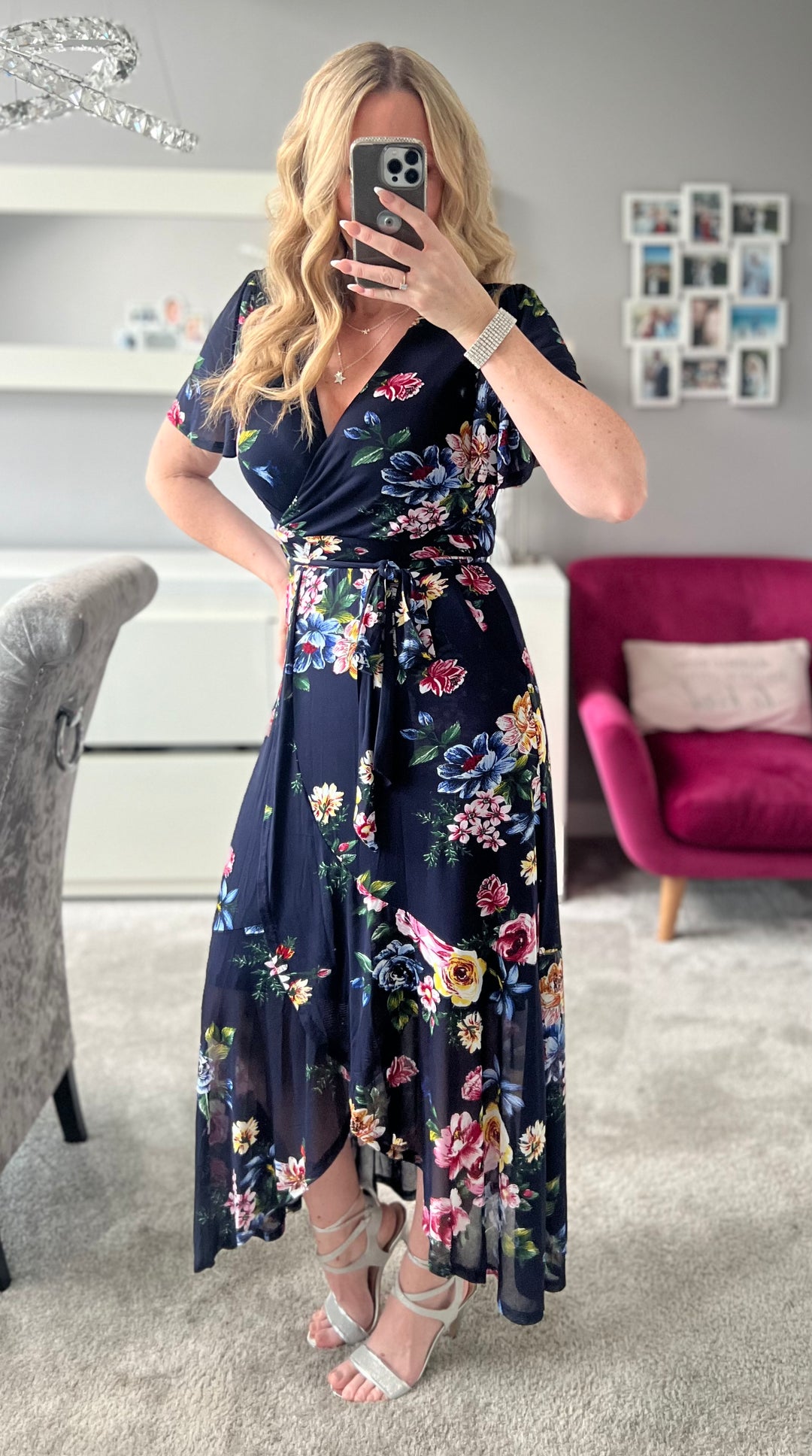 Jolie Moi Ada Navy Floral Dip Hem Belted Short Sleeve Mesh Maxi Dress LittleMadam