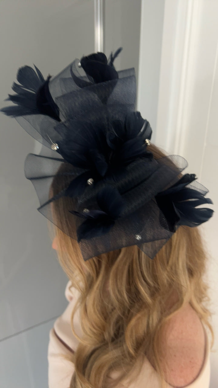 Royal Ascot Navy Feather Fascinator with Bow Detail