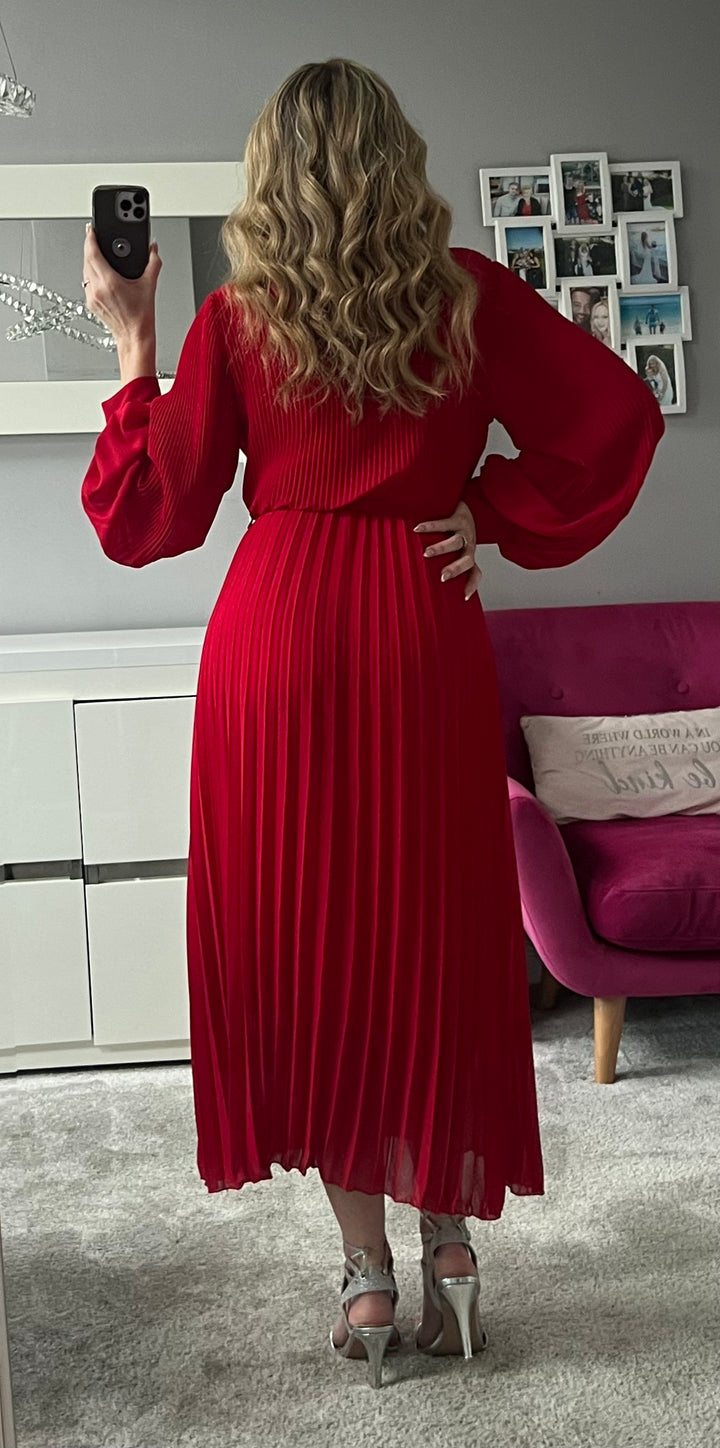 Lucile Red Chiffon Plisse Pleated Belted Long Sleeve Maxi Dress