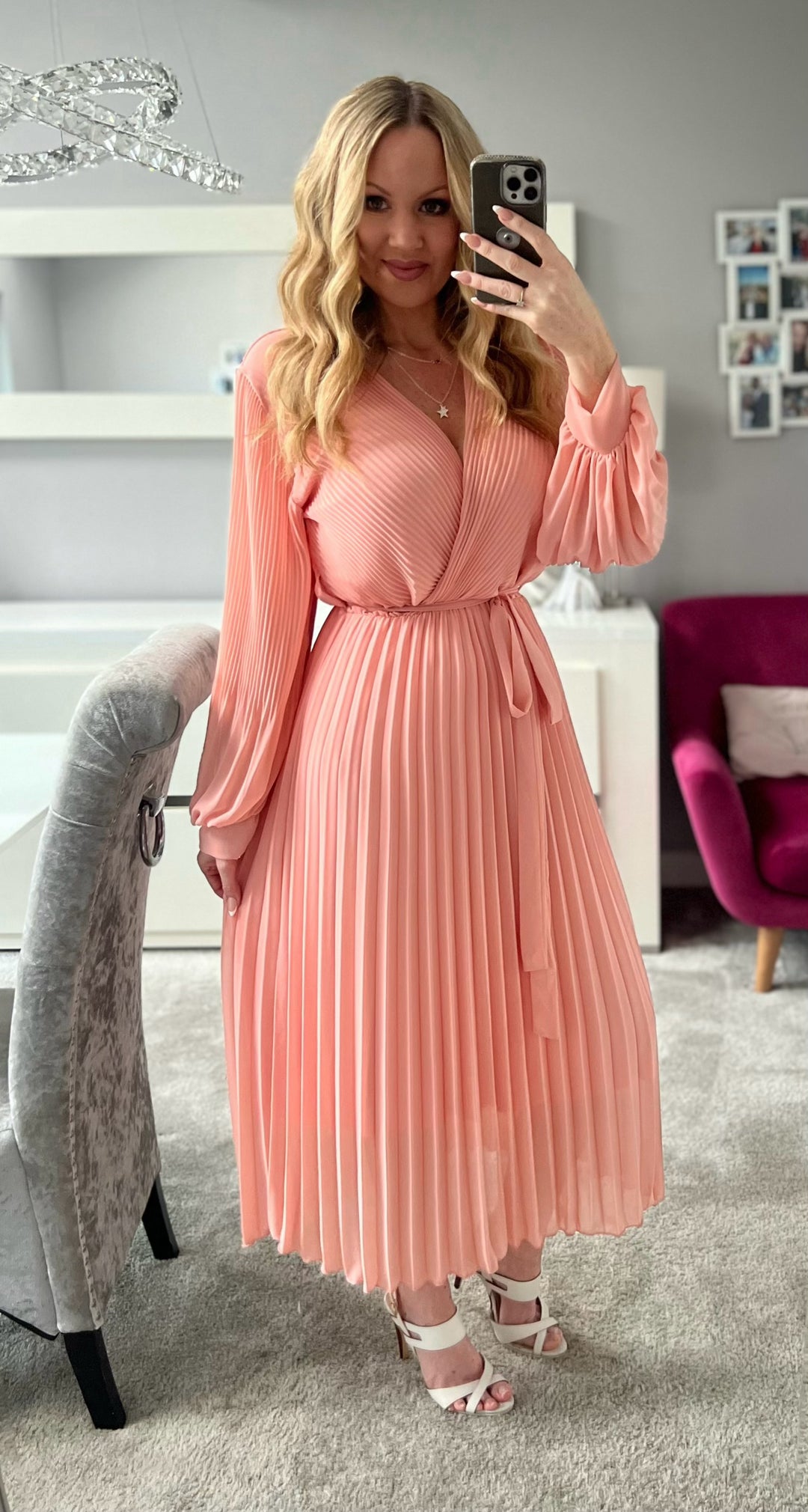 Pink pleated dress with long sleeves online