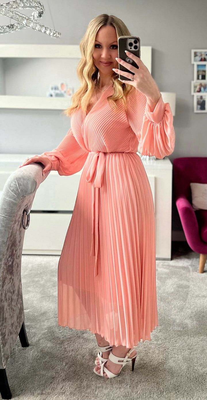 Lucile Dusty Pink Chiffon Plisse Pleated Belted Long Sleeve Maxi Dress