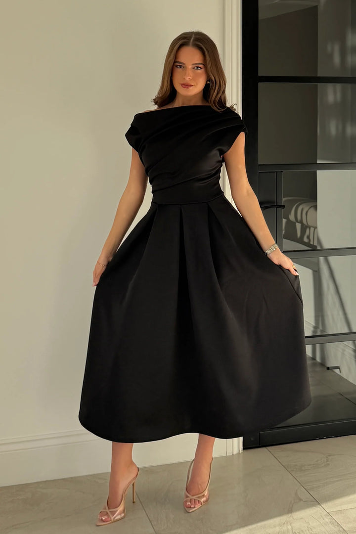 Betty Black Asymmetric Neckline Skater Midi Dress With Pockets