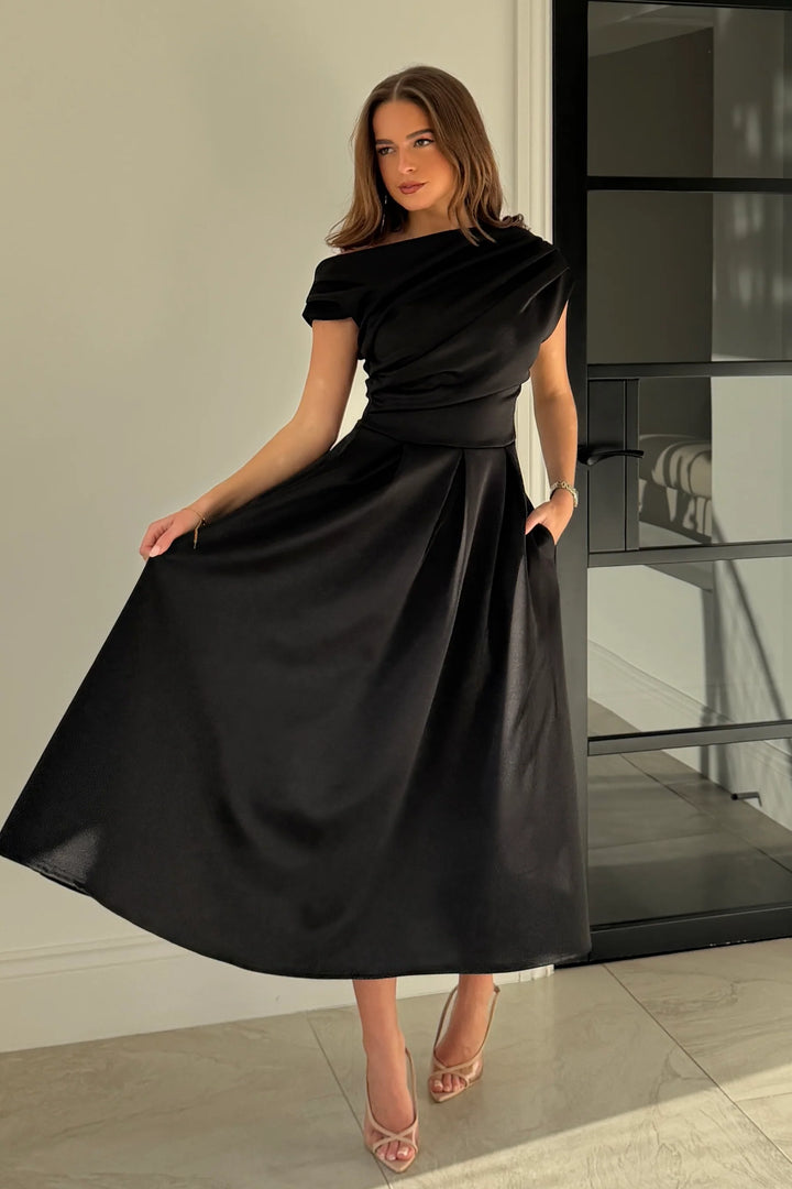 Betty Black Asymmetric Neckline Skater Midi Dress With Pockets