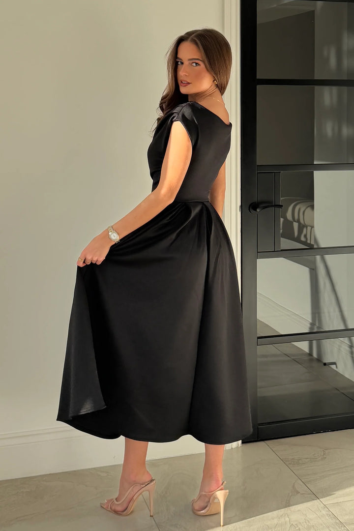 Betty Black Asymmetric Neckline Skater Midi Dress With Pockets