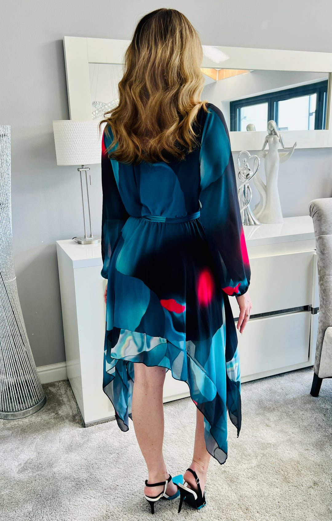 Dream Girl Green Abstract Waterfall Hem Chiffon Mini/Midi Dress | LittleMadam Dream Girl Green Abstract Waterfall Hem Chiffon Mini/Midi Dress | LittleMadam
