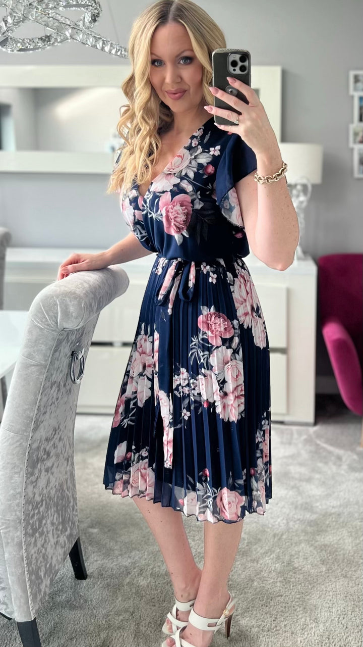 Joanie Navy Floral Short Sleeve Chiffon Pleated Midi Dress