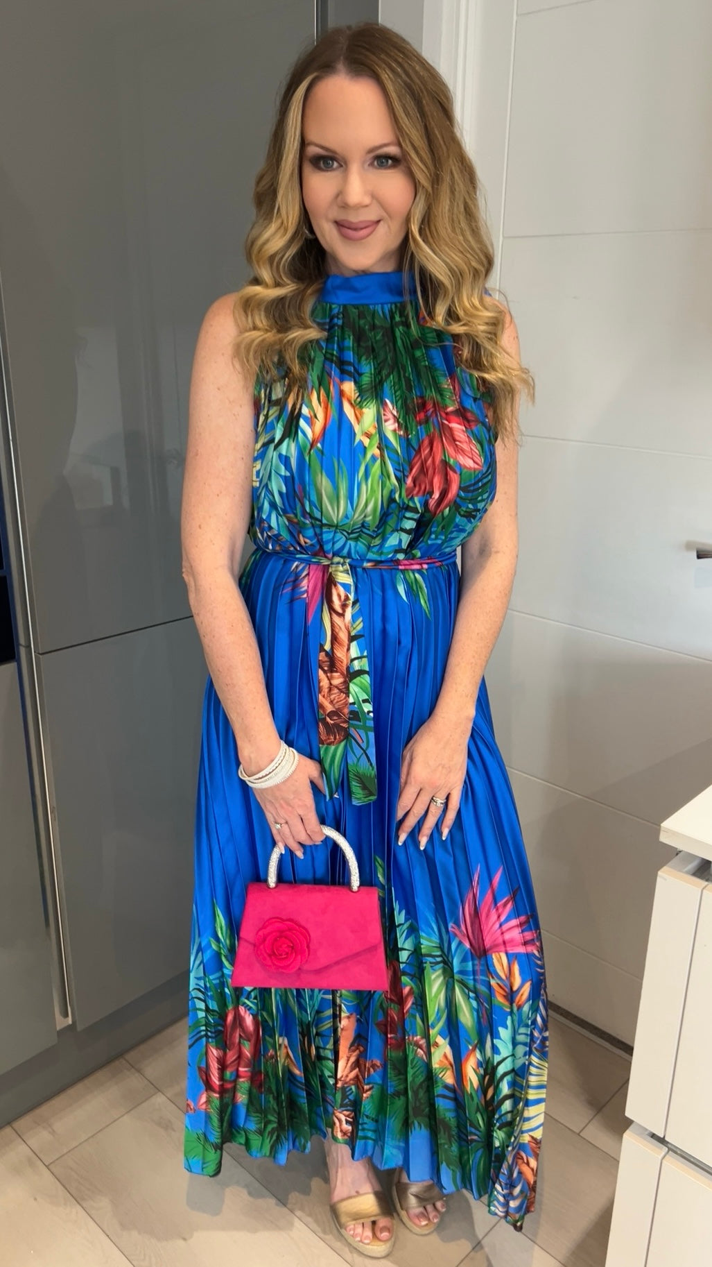 Antigua Cobalt Blue Floral Halter Neck Pleated Belted Maxi Dress