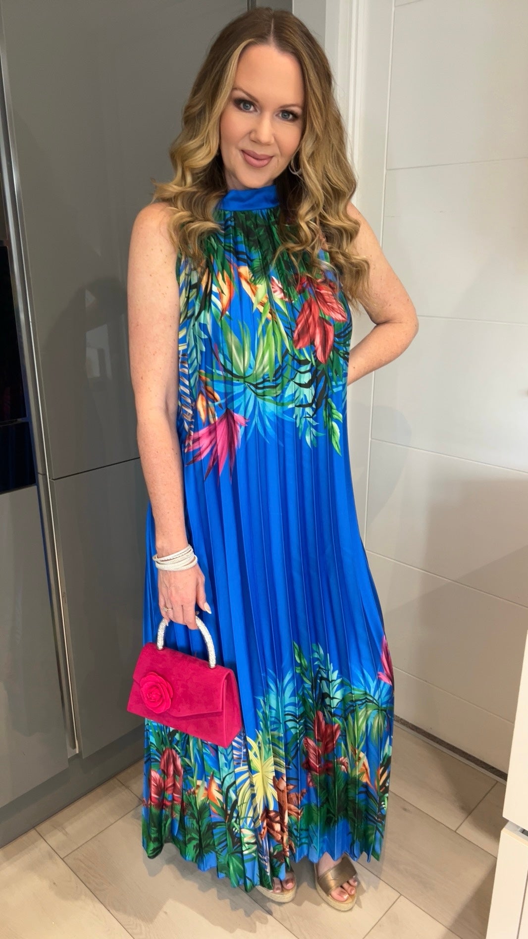 Antigua Cobalt Blue Floral Halter Neck Pleated Belted Maxi Dress