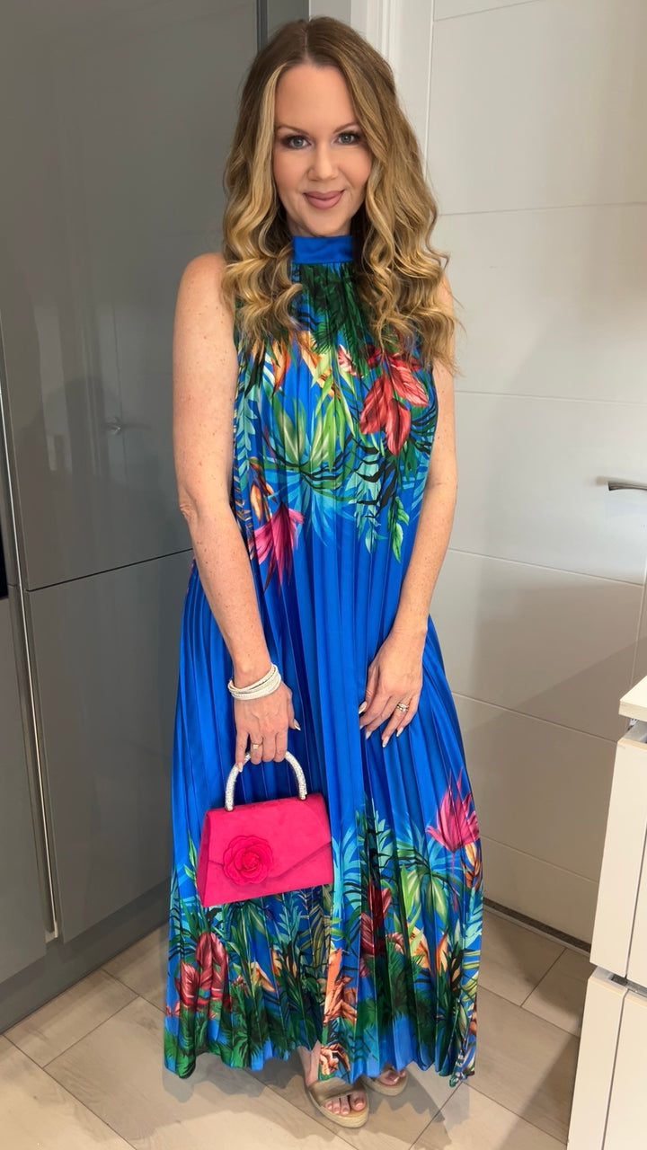 Antigua Cobalt Blue Floral Halter Neck Pleated Belted Maxi Dress