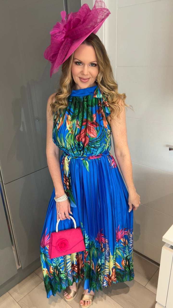 Antigua Cobalt Blue Floral Halter Neck Pleated Belted Maxi Dress