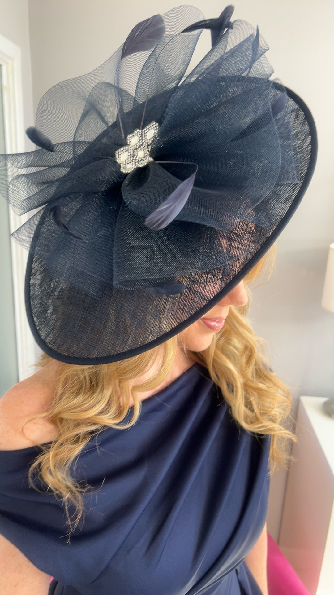 Charlize Navy Tulle Diamante Large Hatinator