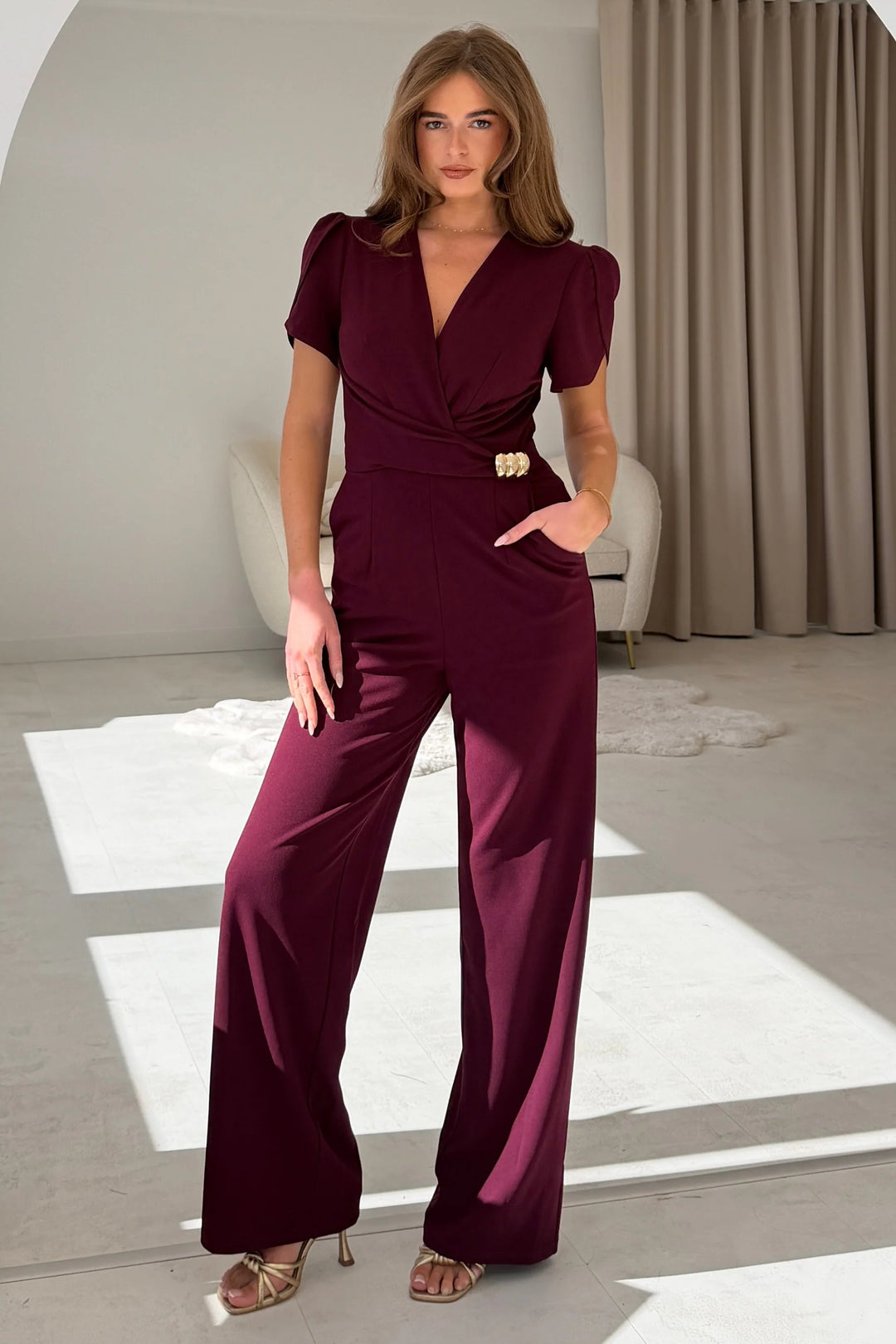 Alaina Burgundy Buckle Detail Short Sleeve Wide Leg Jumpsuit