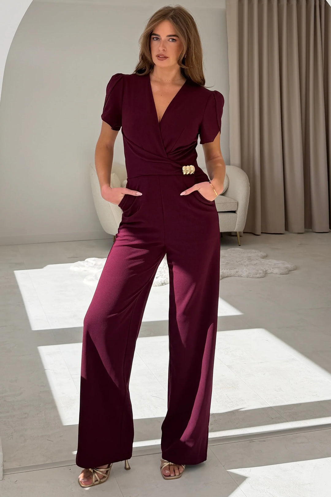 Alaina Burgundy Buckle Detail Short Sleeve Wide Leg Jumpsuit