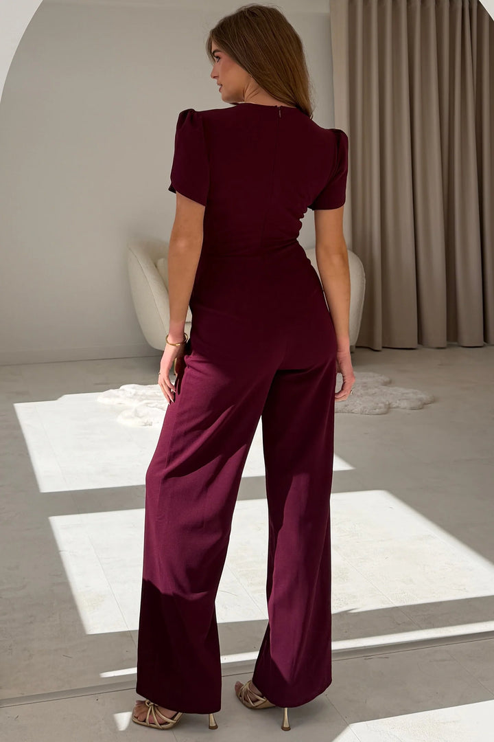 Alaina Burgundy Buckle Detail Short Sleeve Wide Leg Jumpsuit