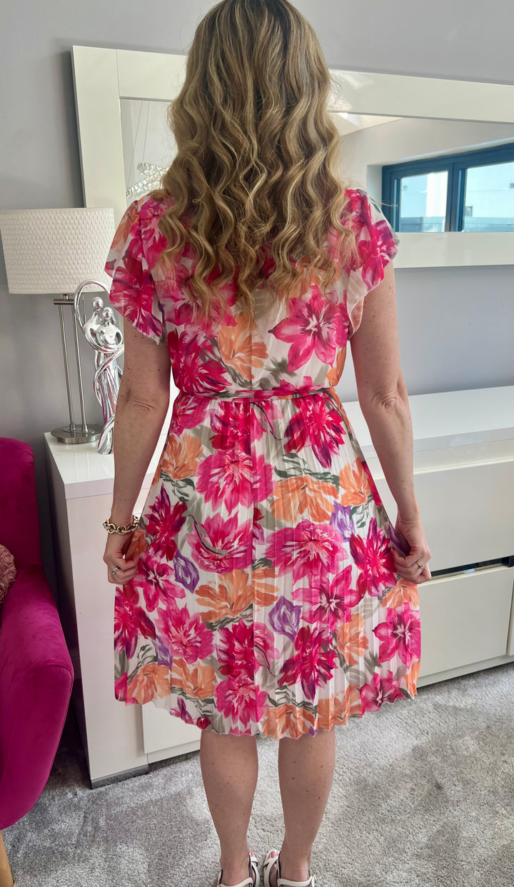 Joanie Pink Floral Short Sleeve Chiffon Pleated Midi Dress