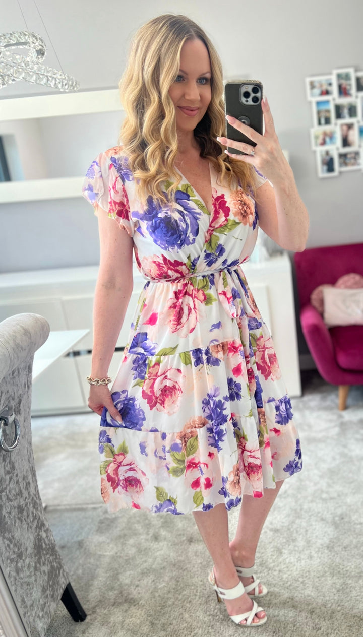 Sinead Ivory, Purple & Rose Floral Short Sleeve Tiered Midi Dress