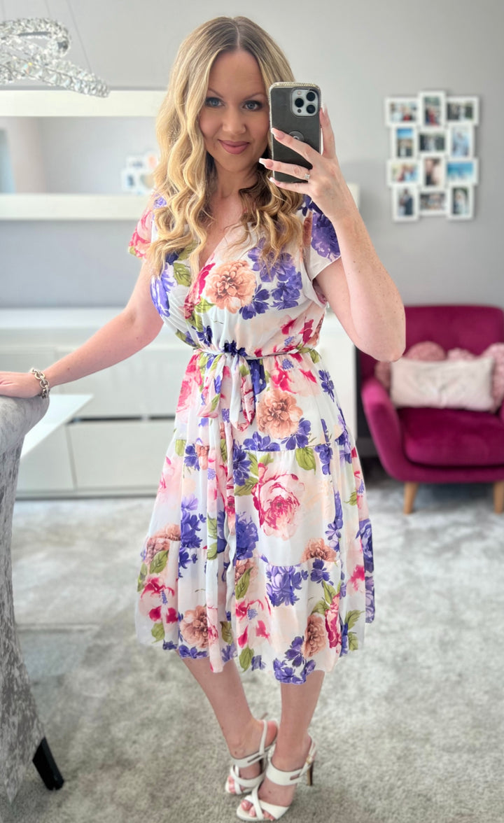 Sinead Ivory, Purple & Rose Floral Short Sleeve Tiered Midi Dress