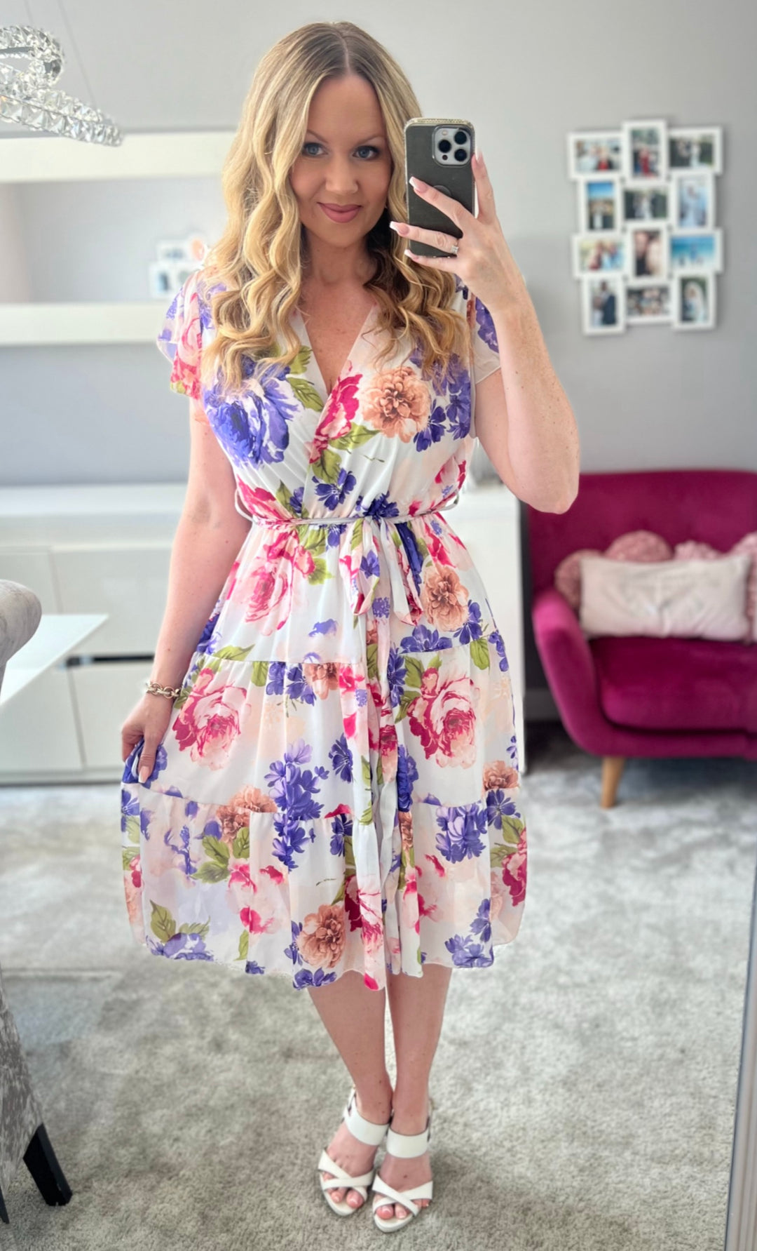 Sinead Ivory, Purple & Rose Floral Short Sleeve Tiered Midi Dress