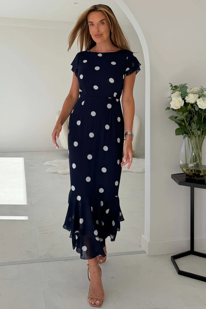 Roxy Navy Polka Dot Boat Neck Frill Bodycon Midi Dress