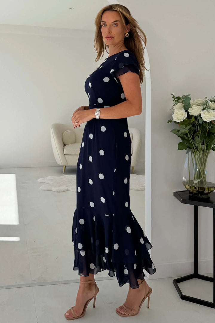 Roxy Navy Polka Dot Boat Neck Frill Bodycon Midi Dress