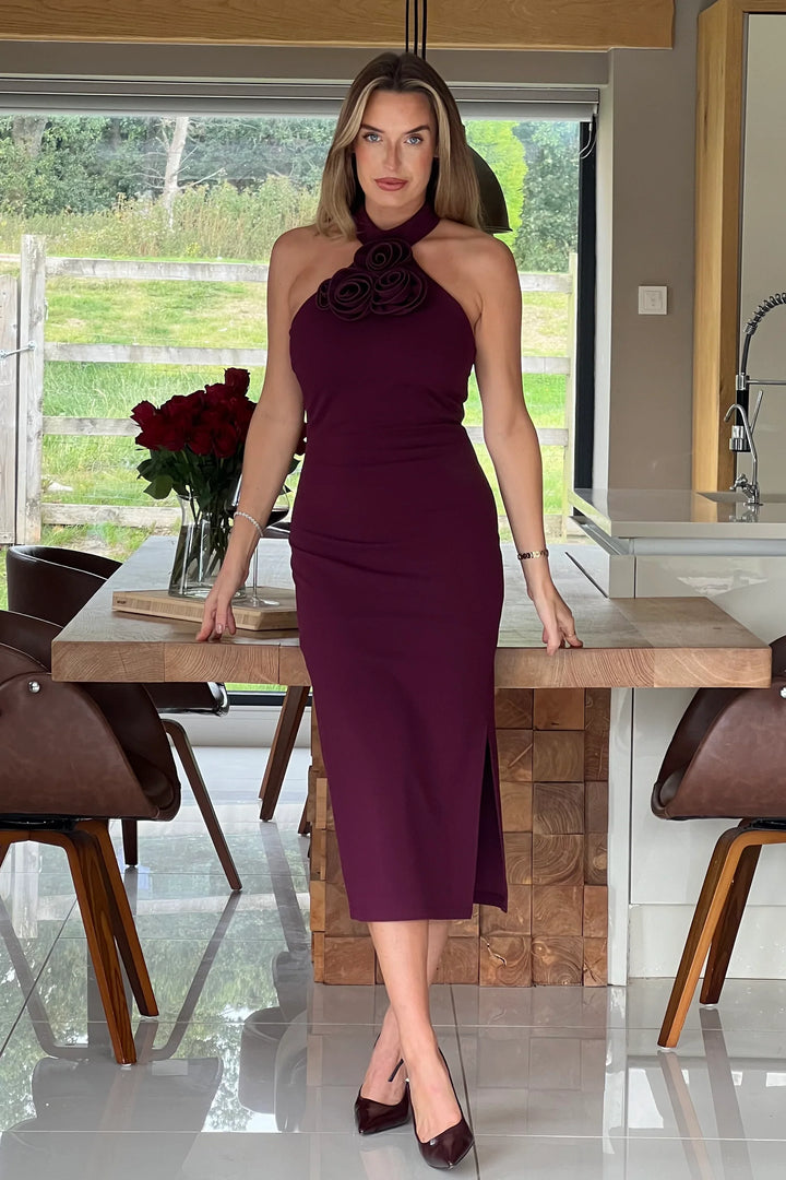 Dolly Burgundy Wine 3D Floral Halterneck Bodycon Midi Dress