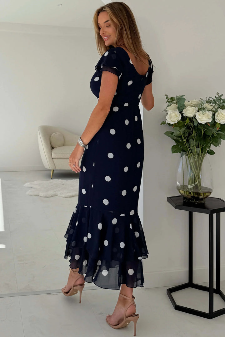 Roxy Navy Polka Dot Boat Neck Frill Bodycon Midi Dress