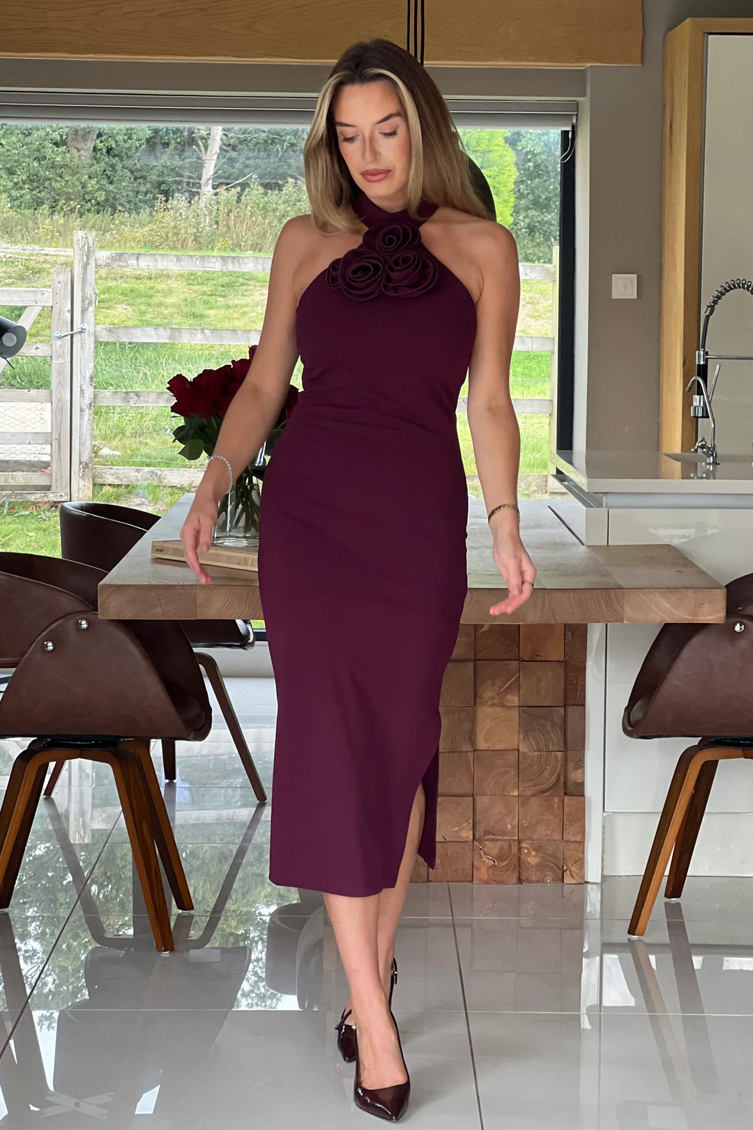 Dolly Burgundy Wine 3D Floral Halterneck Bodycon Midi Dress
