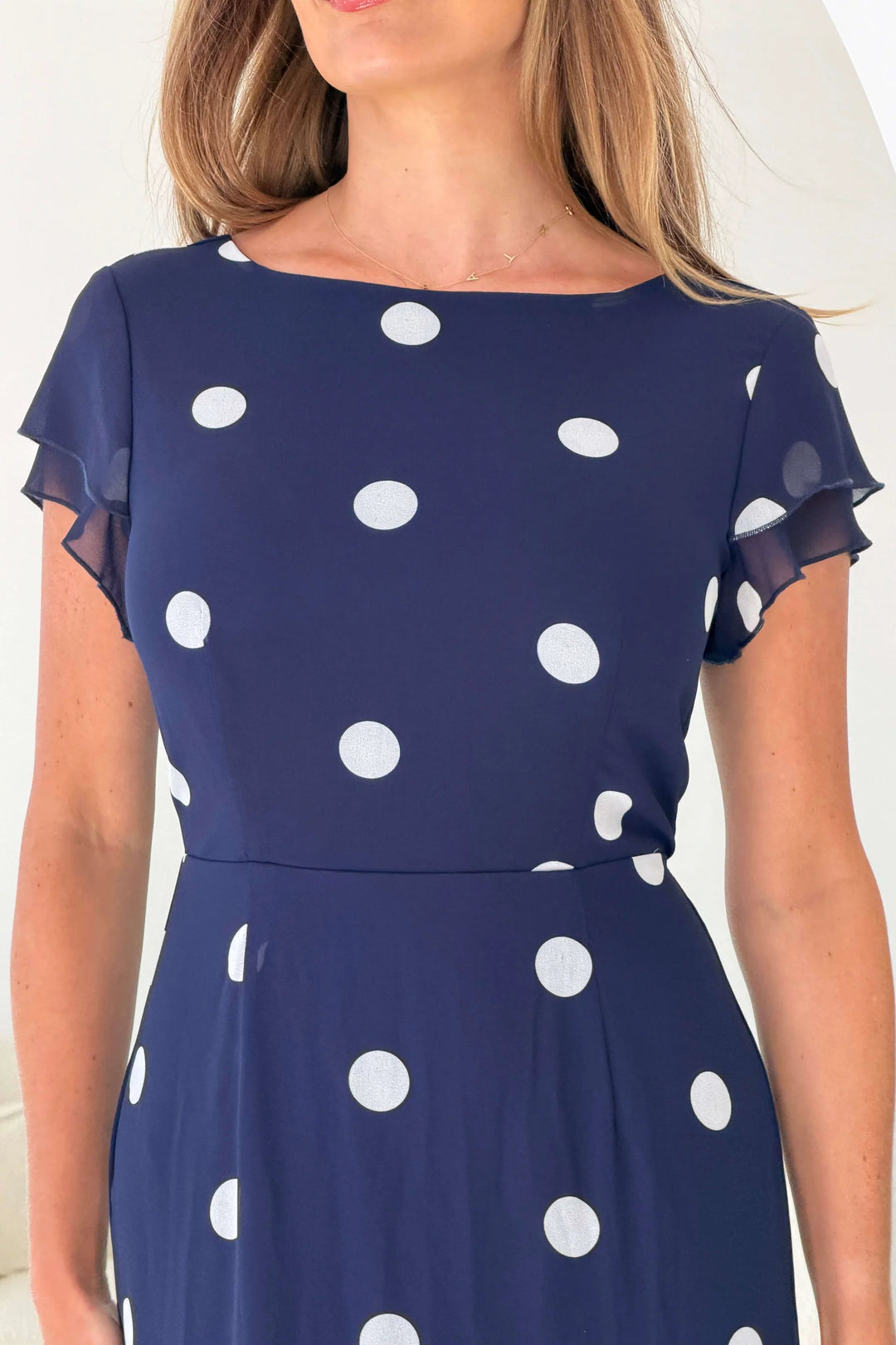Roxy Navy Polka Dot Boat Neck Frill Bodycon Midi Dress