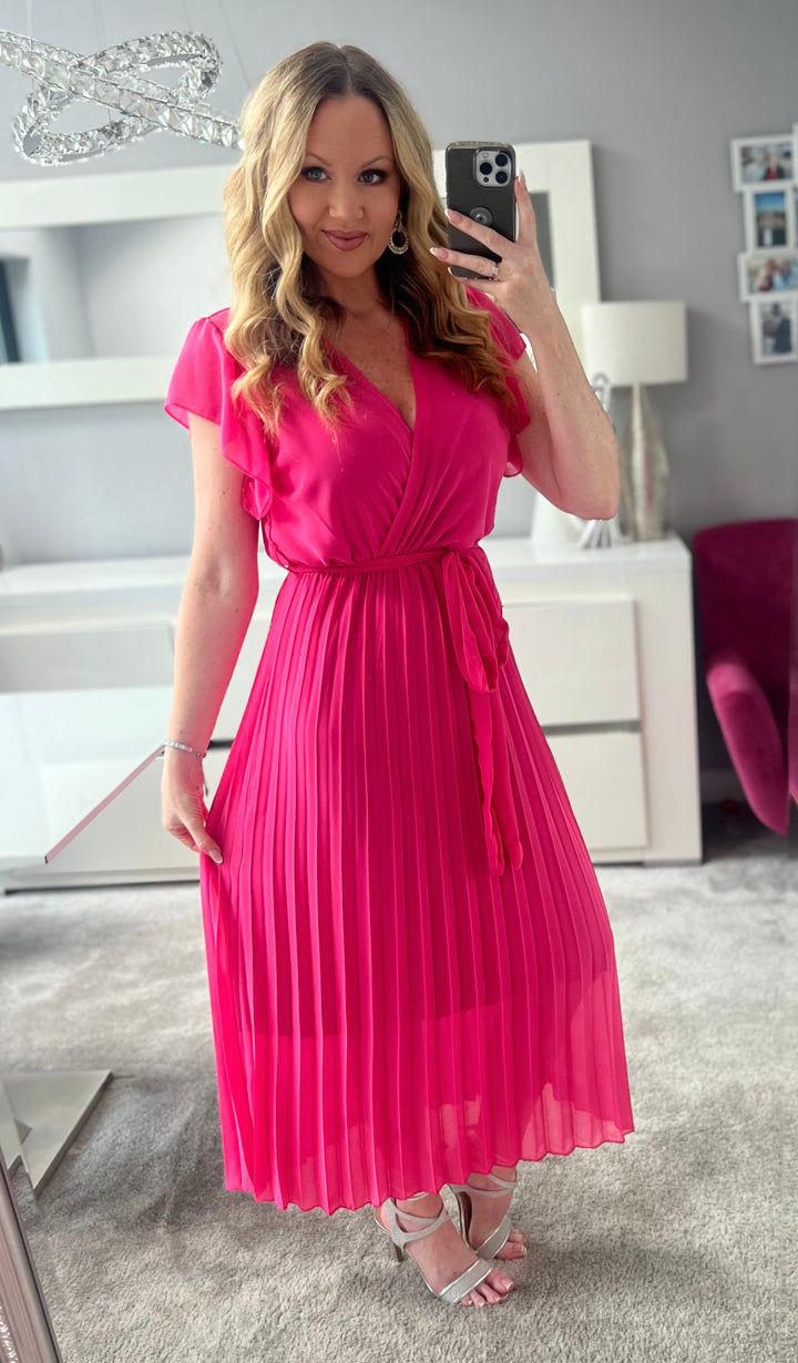 Amalfi Coast Hot Pink Chiffon Short Sleeve Pleated Belted Maxi Dress