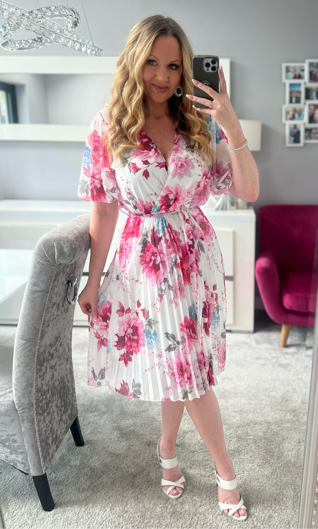 Lily White & Pink Floral Short Sleeve Chiffon Pleated Midi Dress | LittleMadam Lily White & Pink Floral Short Sleeve Chiffon Pleated Midi Dress | LittleMadam