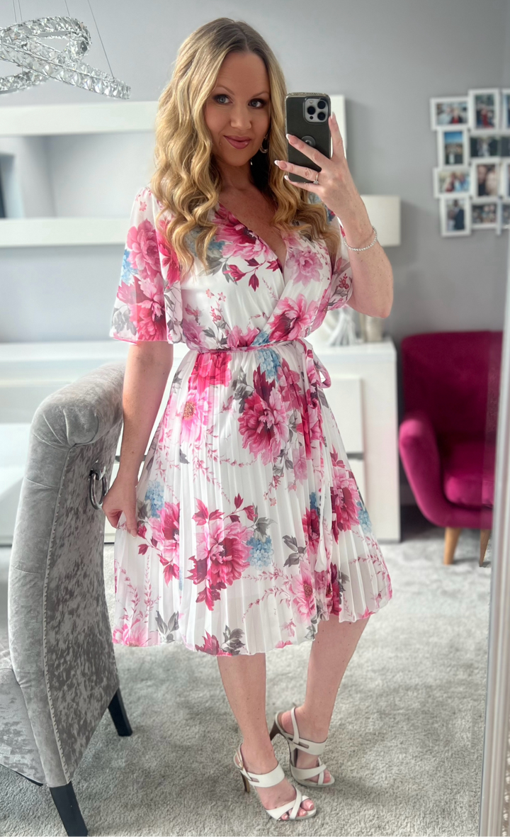 Lily White & Pink Floral Short Sleeve Chiffon Pleated Midi Dress