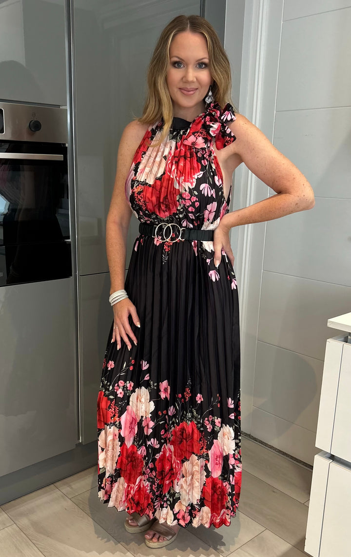 Antigua Black Floral Halter Neck Pleated Maxi Dress