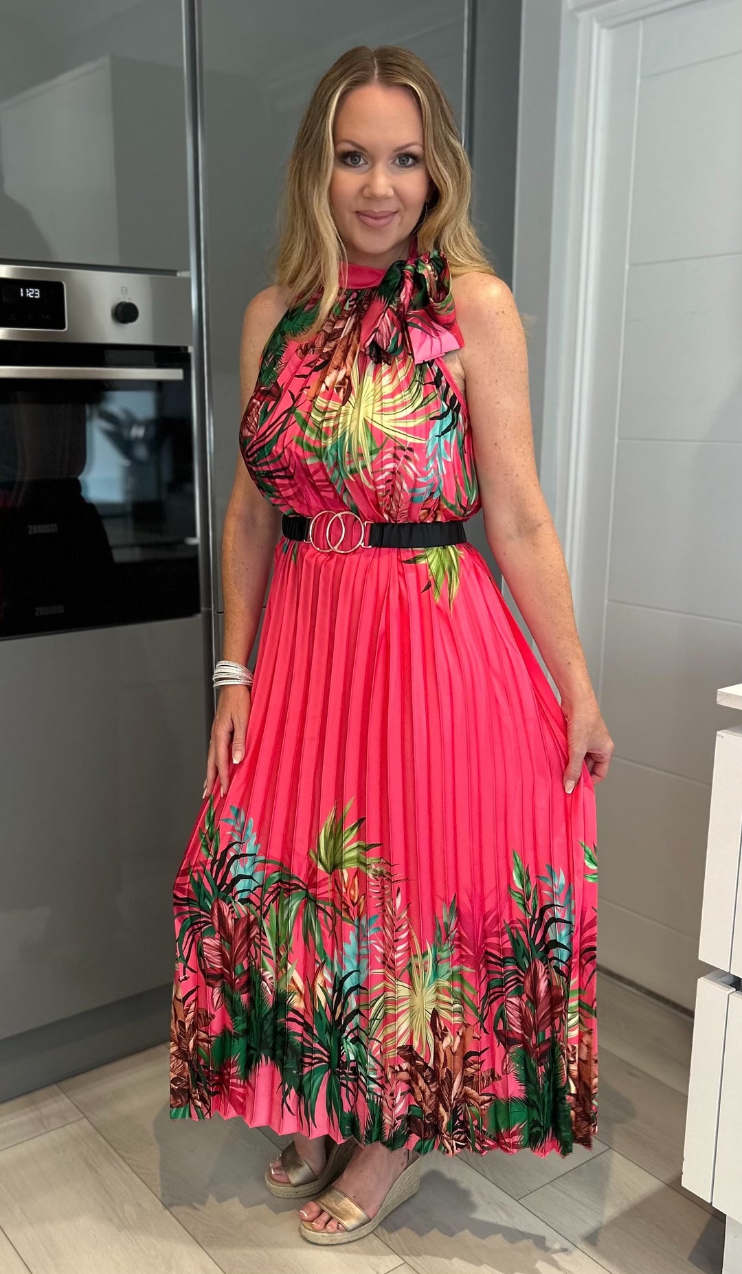 Antigua Fuchsia Pink Floral Halter Neck Pleated Maxi Dress