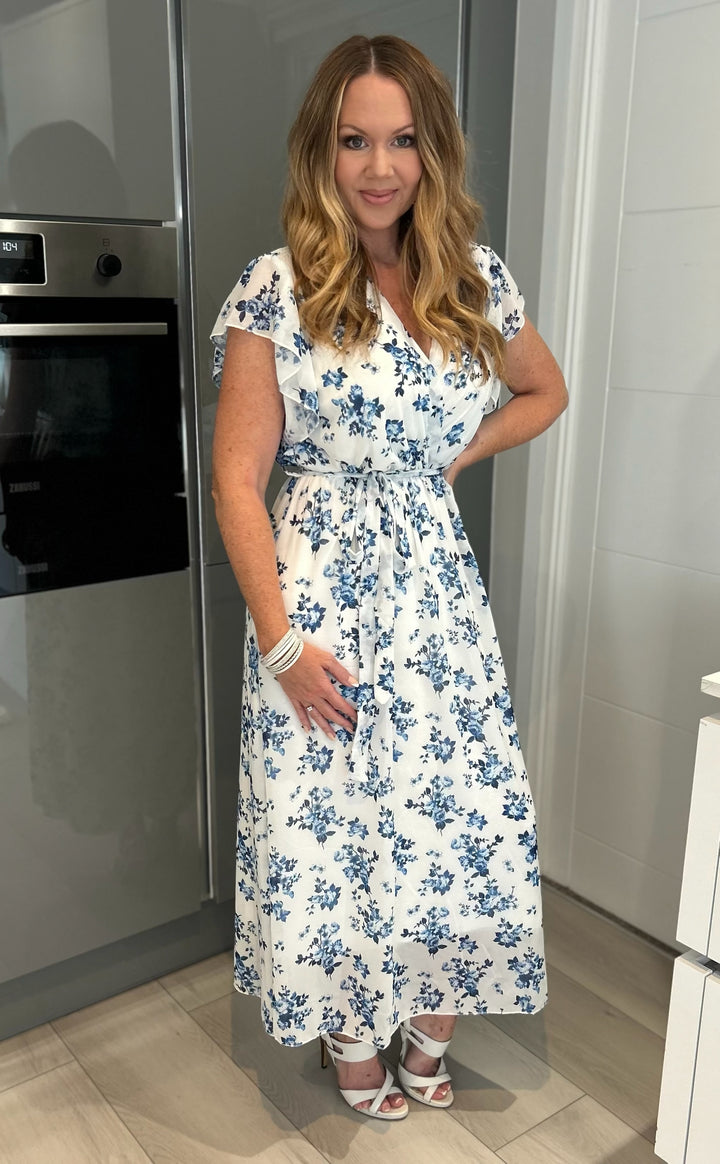 Katrin Blue Floral Chiffon Short Sleeve Belted Maxi Dress