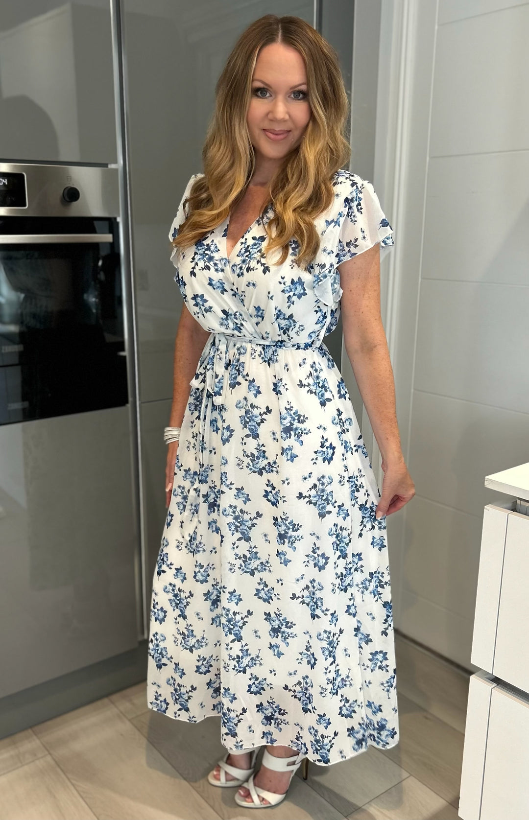 Katrin Blue Floral Chiffon Short Sleeve Belted Maxi Dress