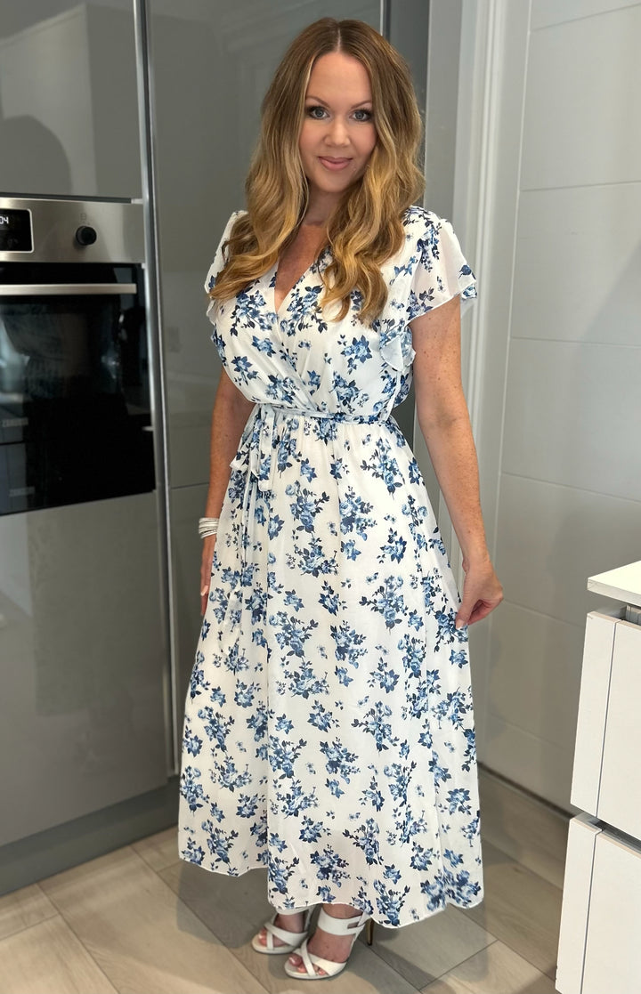 Katrin Blue Floral Chiffon Short Sleeve Belted Maxi Dress