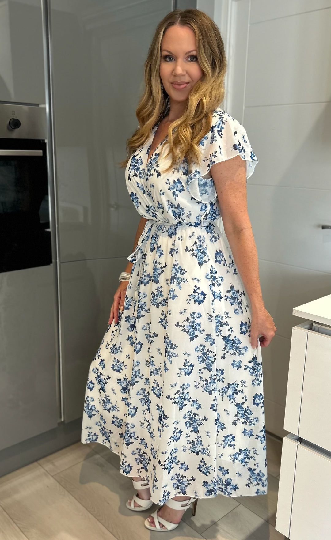 Katrin Blue Floral Chiffon Short Sleeve Belted Maxi Dress