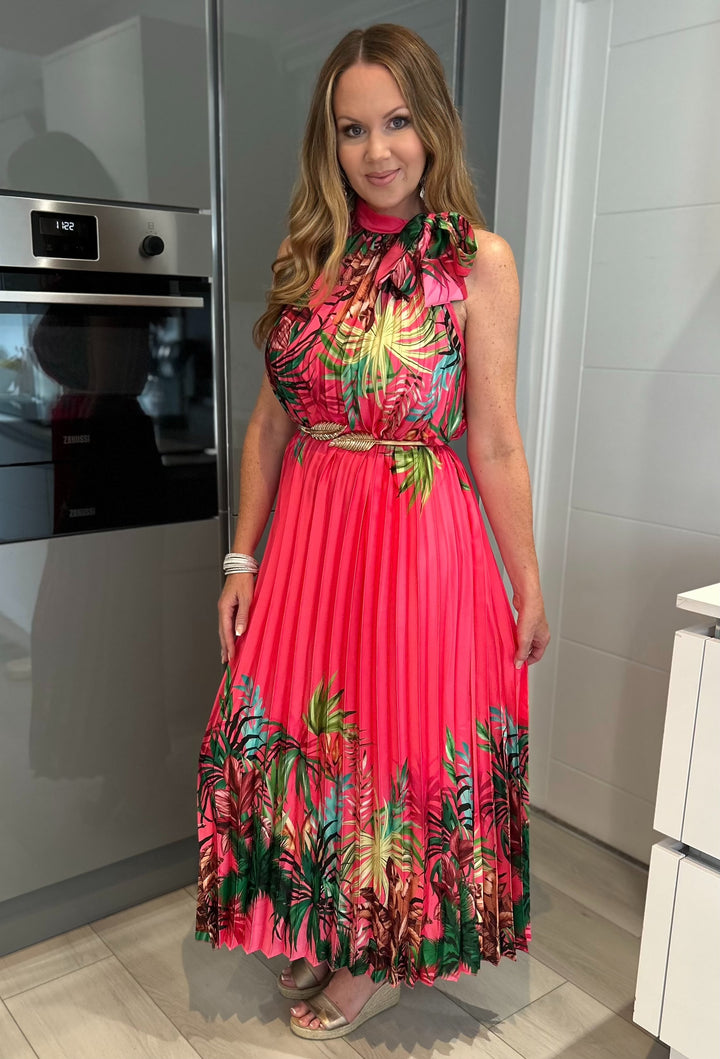Antigua Fuchsia Pink Floral Halter Neck Pleated Maxi Dress